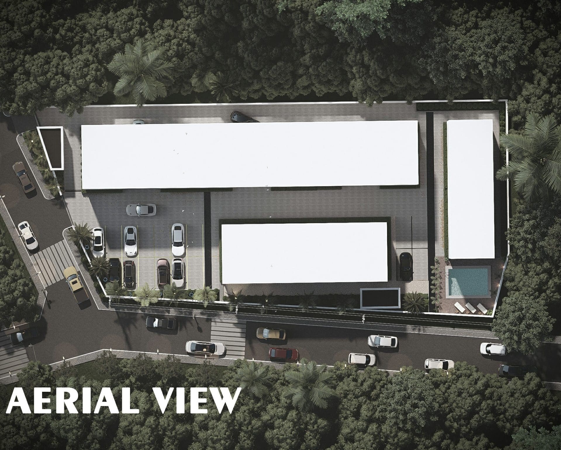 Overhead view of the whole Ewang Estate site showing the terrace row, apartment blocks, marked parking bays, the pool terrace and the gated entrance from the road.