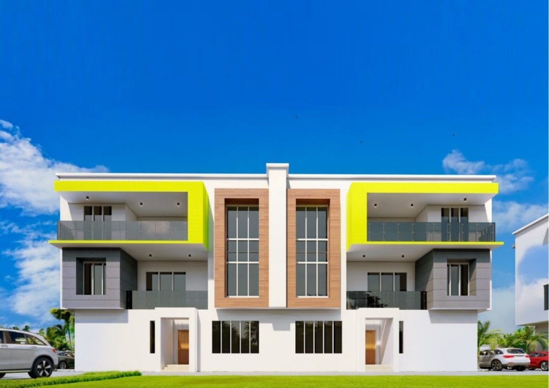 Front elevation of the apartment block at Ewang Estate, showing two symmetrical entrances, timber-framed full-height stair windows and lime-lined balcony soffits.