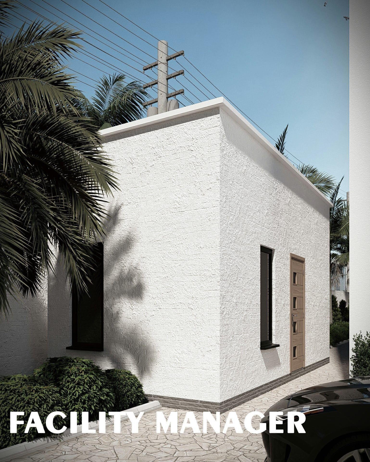 The facility manager's building at Ewang Estate: a compact single-storey white rendered structure with a timber door and slim window, framed by planting.