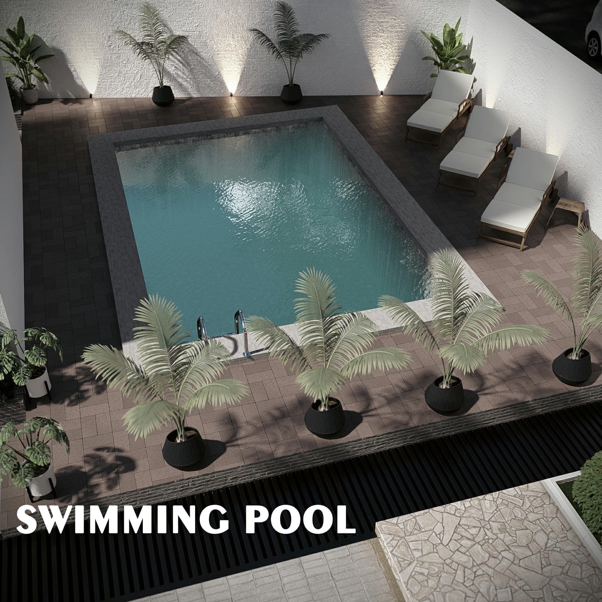 Overhead view of the swimming pool at Ewang Estate, tiled in blue-green with a stainless handrail, surrounded by paving, potted palms, sun loungers and wall-washer lighting.